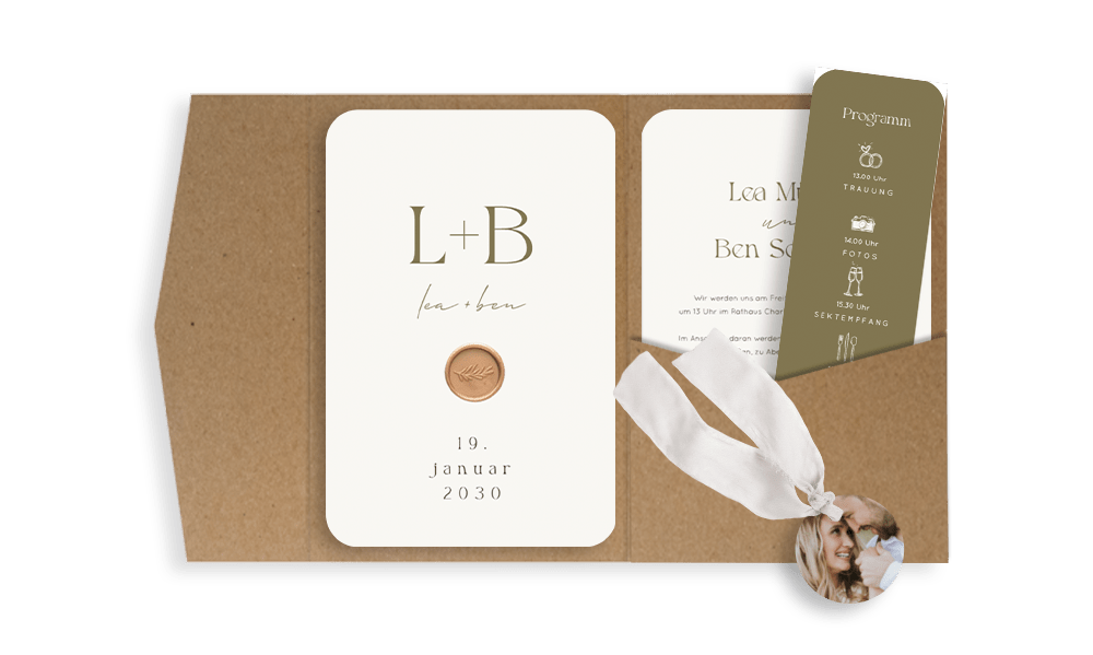 Klassische Pocketfold-Hochzeitskarte mit Initialen und optionalem Siegel