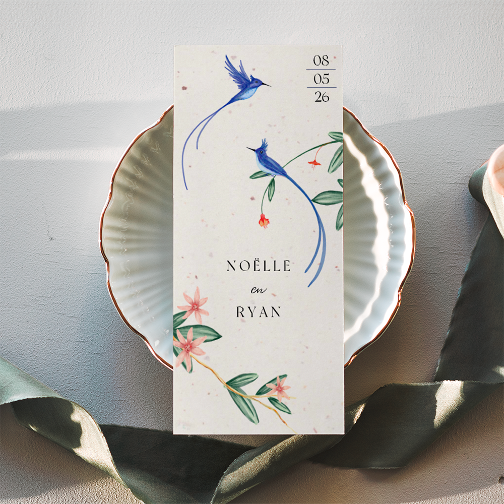 Trouwkaart met tropische vogels en bloemen