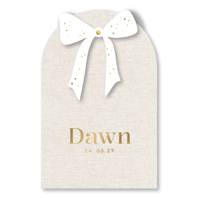 Geboortekaartje meisje met strik | Linnenlook en mat goudfolie
