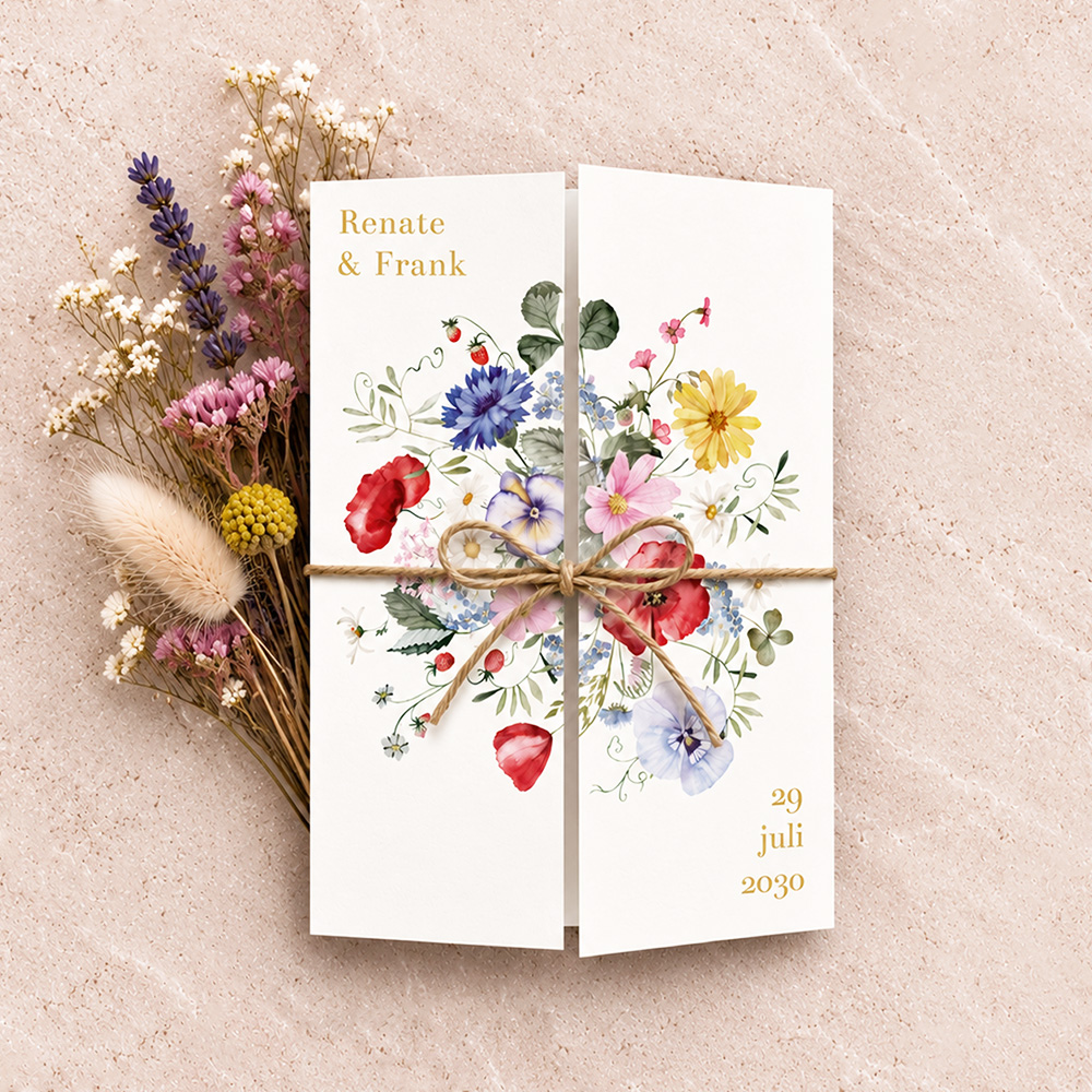 Romantische drieluik trouwkaart kleurrijke veldbloemen forrest