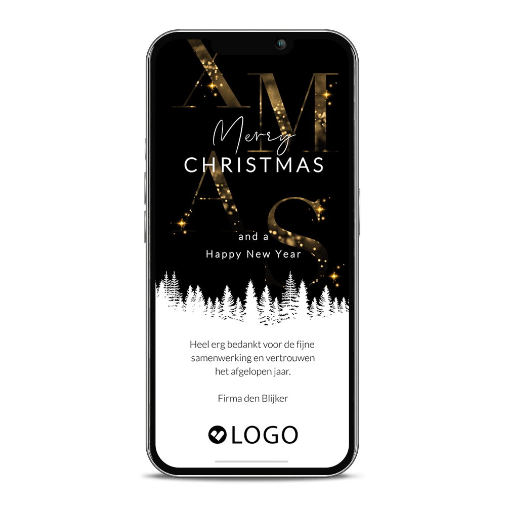 Merry Christmas digitale kerstkaart met dennenbomen en eigen logo