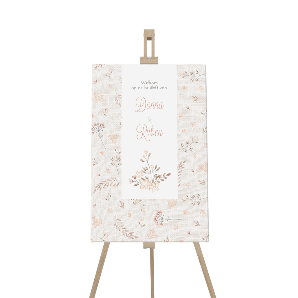 Een mooi bijpassend welkomstbord voor de bruiloft met bloemendessin