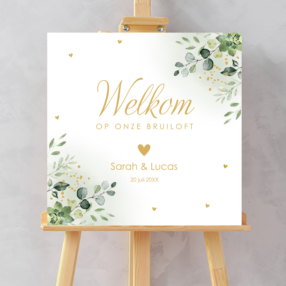 Welkomstbord bruiloft botanisch groen bladeren 70x70 cm