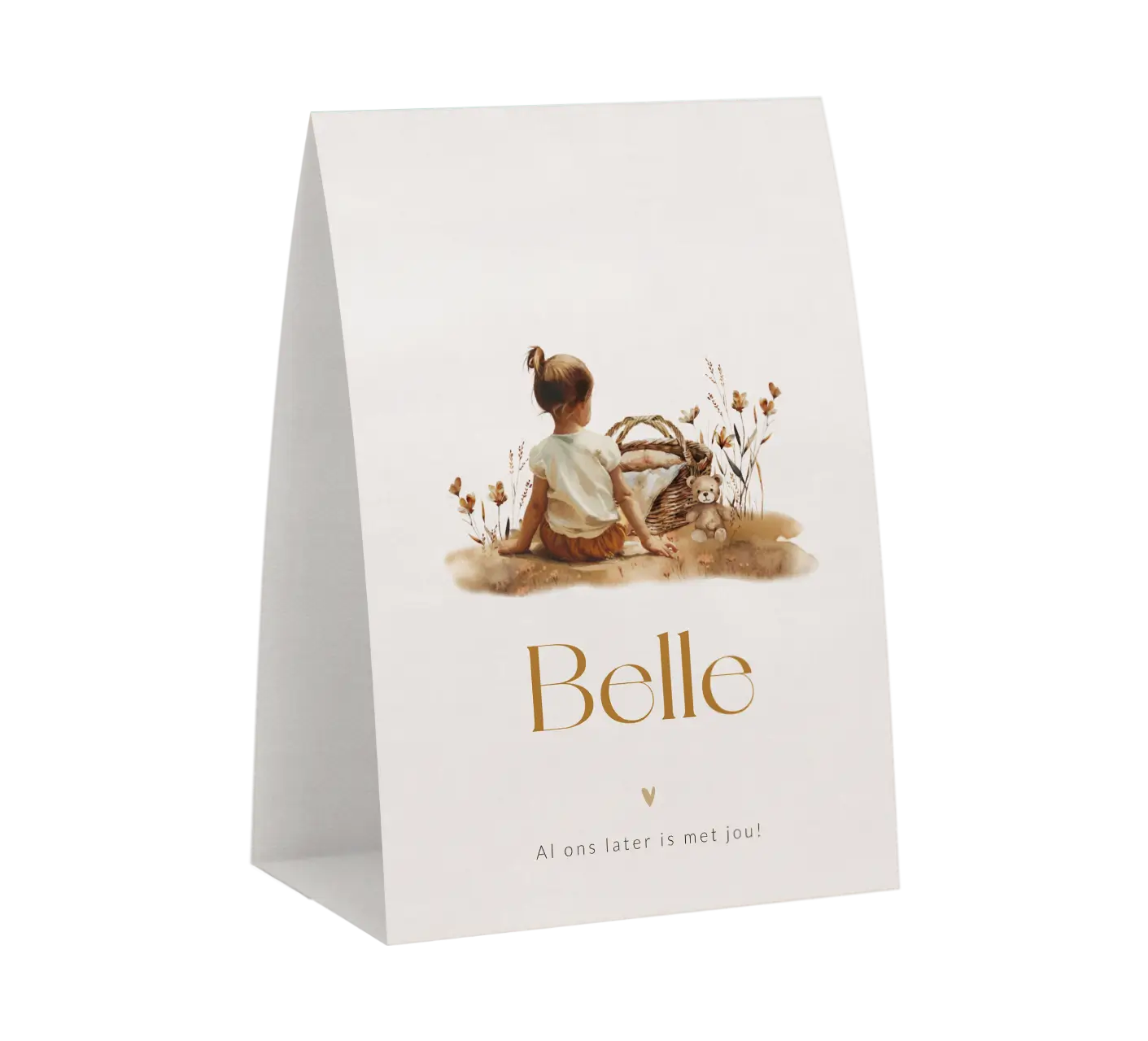 Lief geboortekaartje in tentvorm met grote zus bij wiegje