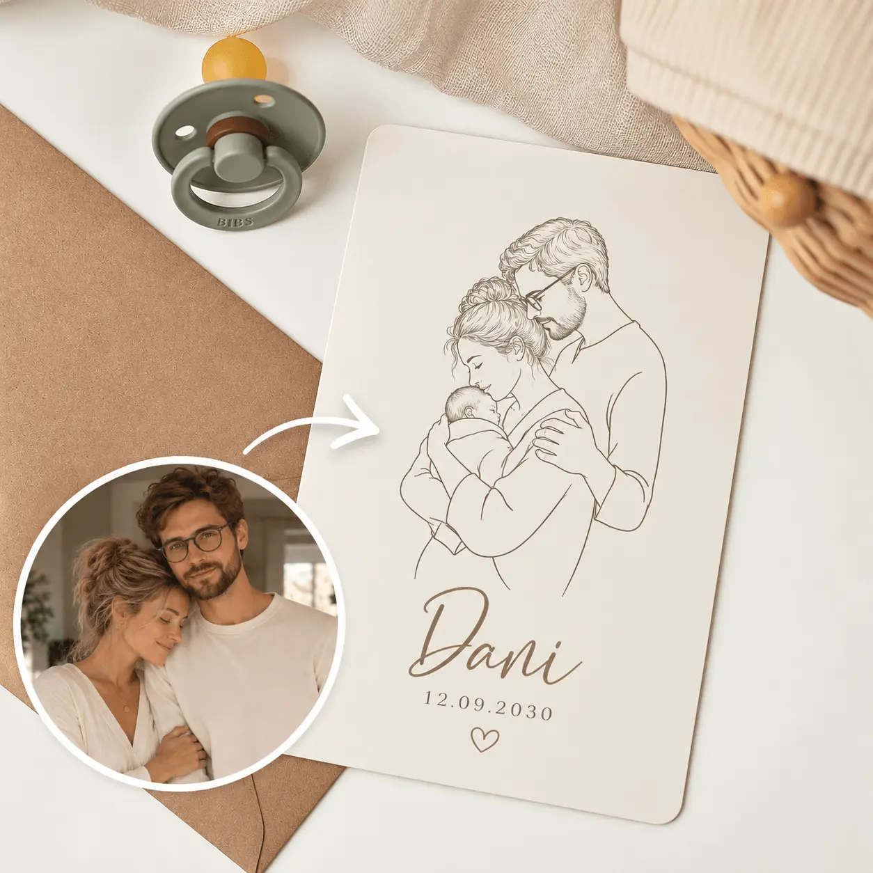 Geboortekaartje met lijntekening van eigen gezien