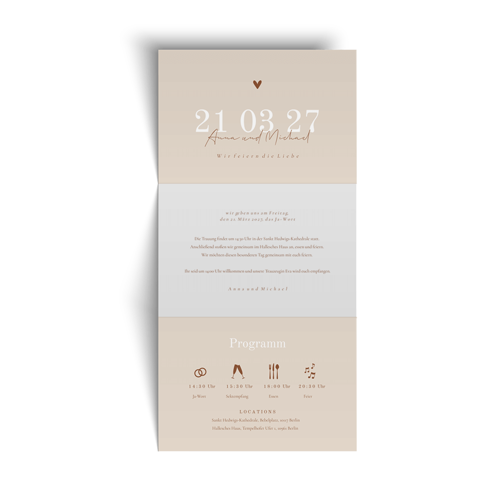 Hochzeitseinladung Doppel-Klappkarte in Beige mit Tagesablauf und Foto