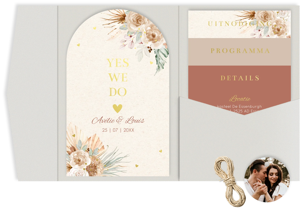Pocketfold trouwkaart bohemian bloemen beige goudfolie