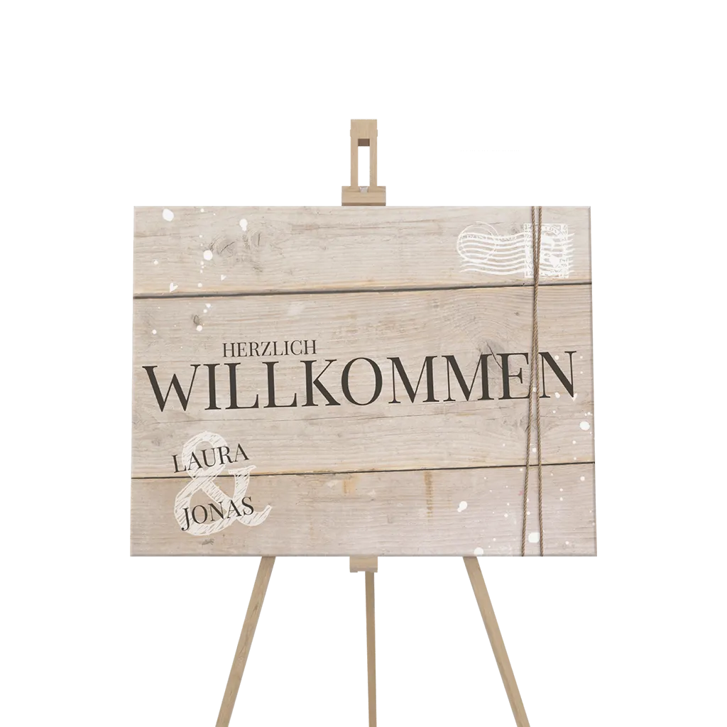 Willkommensschild mit Holzhintergrundbild und Briefstempel