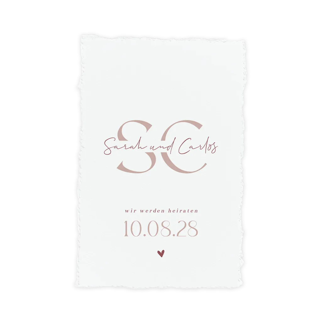 Hochzeitseinladung im Büttenpapier-look mit rosa Schrift