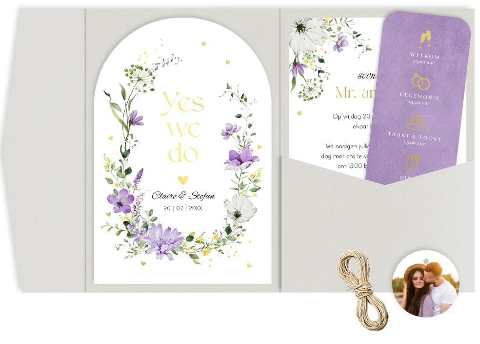 Pocketfold trouwkaart paars bloemen goudfolie