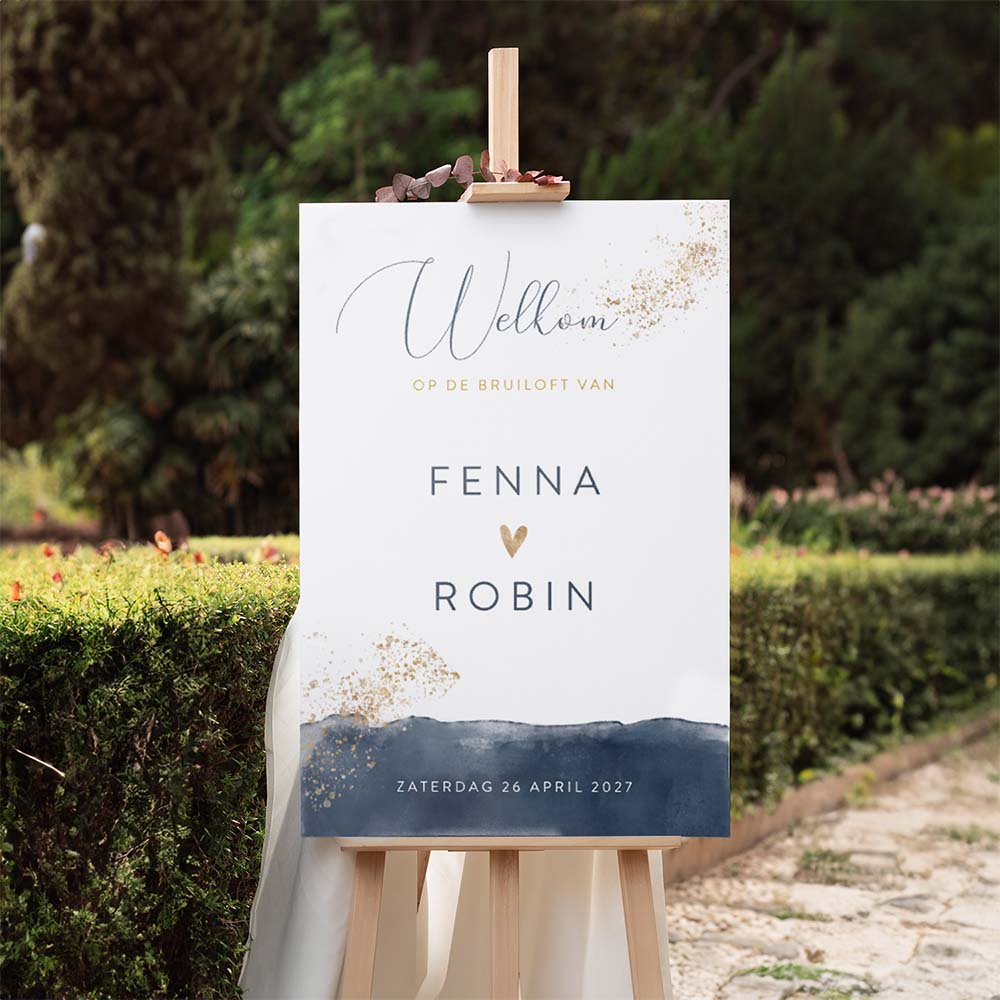 Welkomstbord blauw met gouden spetters