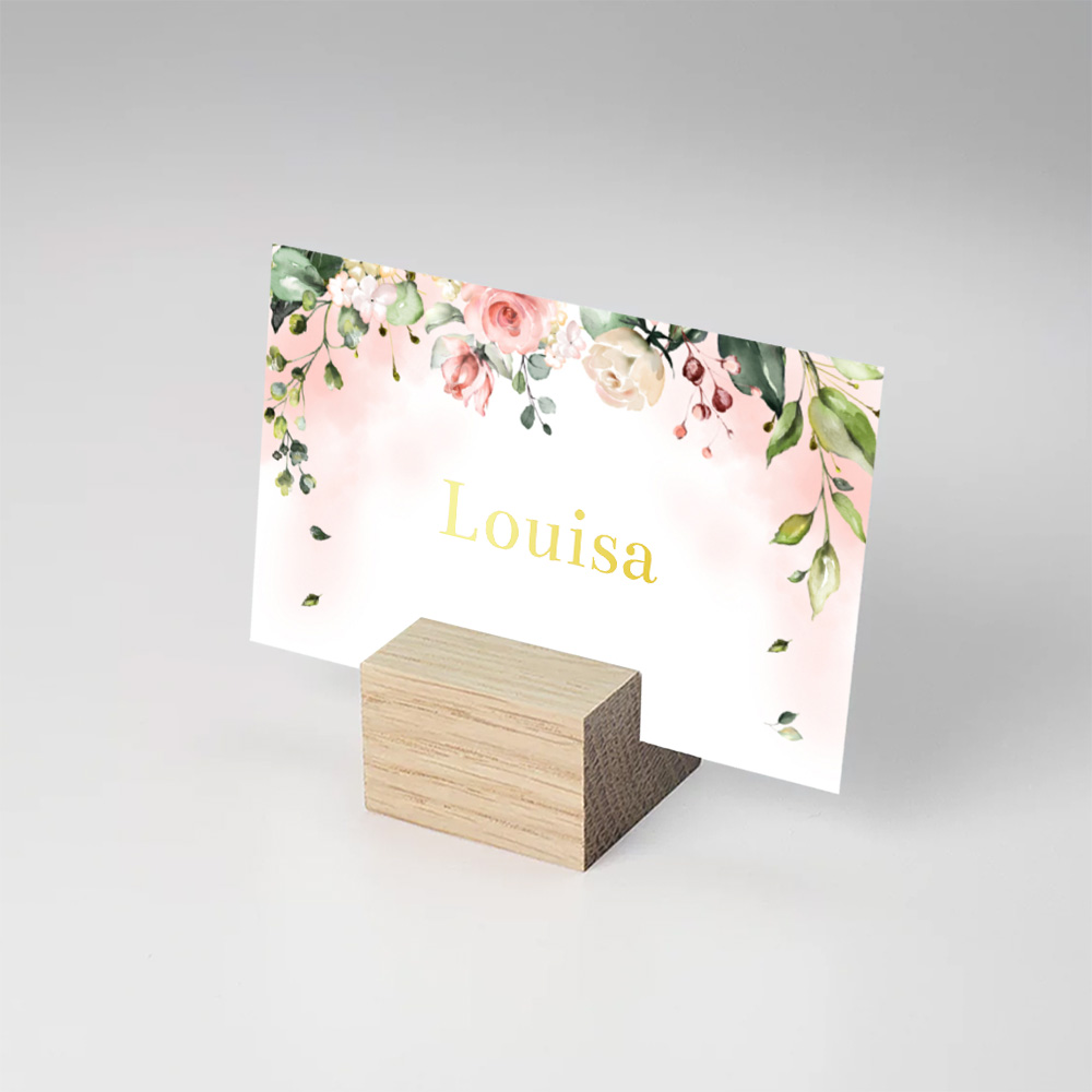 Naamkaartjes huwelijk roze bloemen bladeren goudfolie