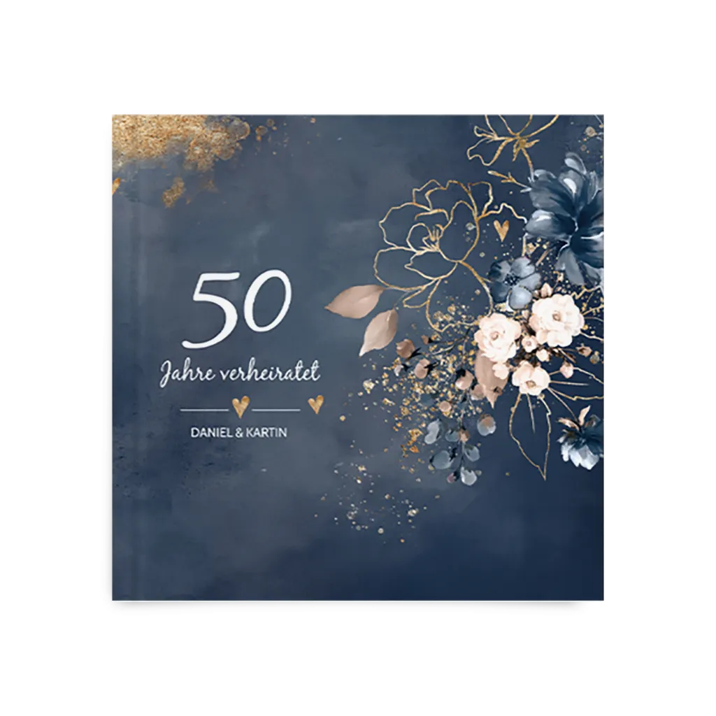 Gästebuch zur Goldene Hochzeit mit verzierten Blumen und Foto 30x30cm