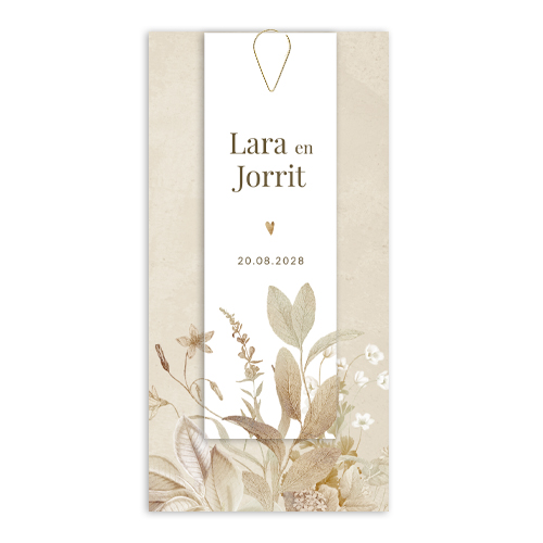 Vintage label trouwkaart met bloemen