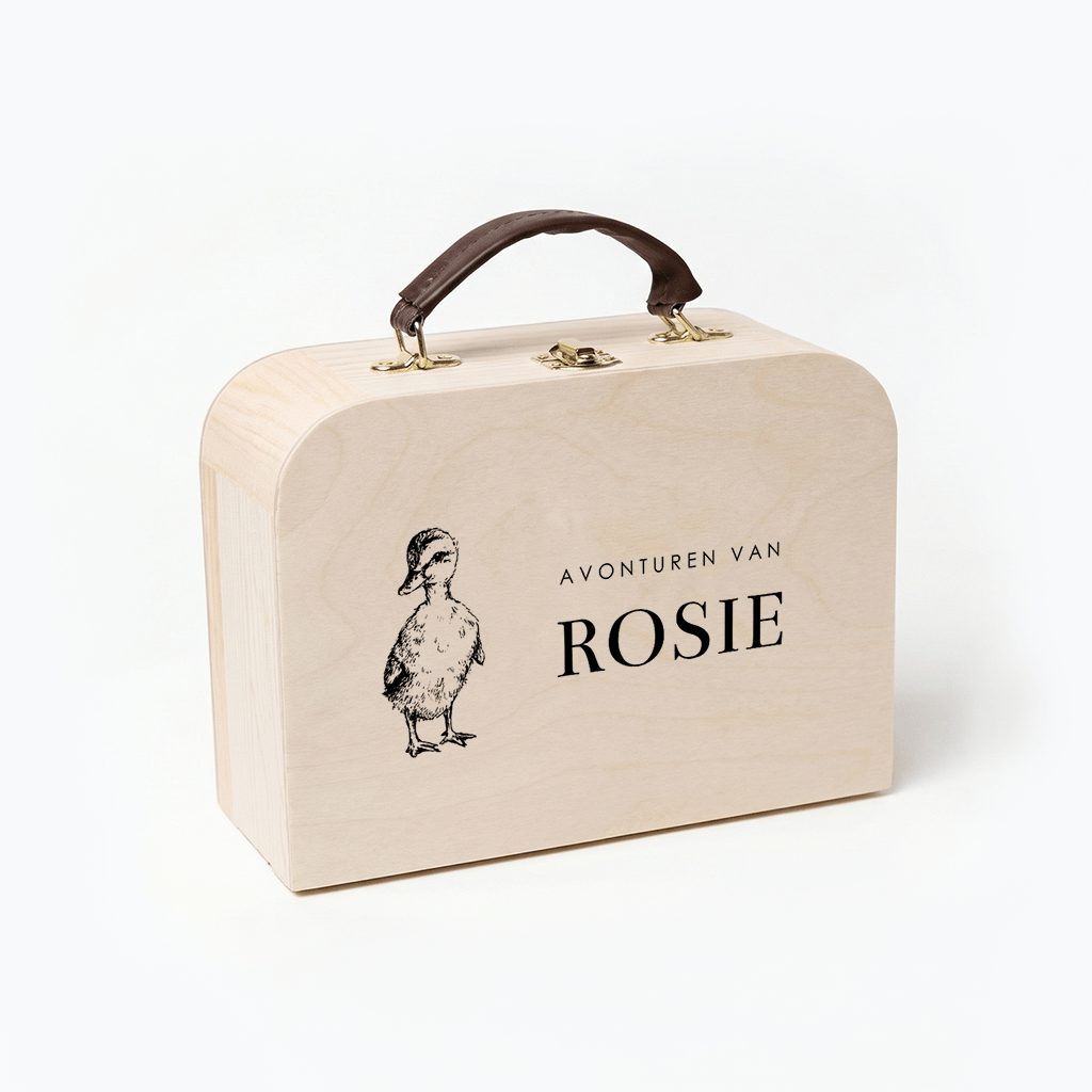 Houten koffertje met schattig eendje en naam