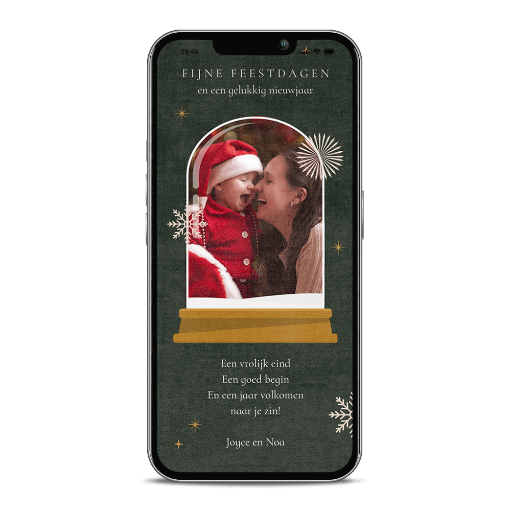 Sneeuwbol digitale kerstkaart met eigen foto, sneeuwvlokken en sterren