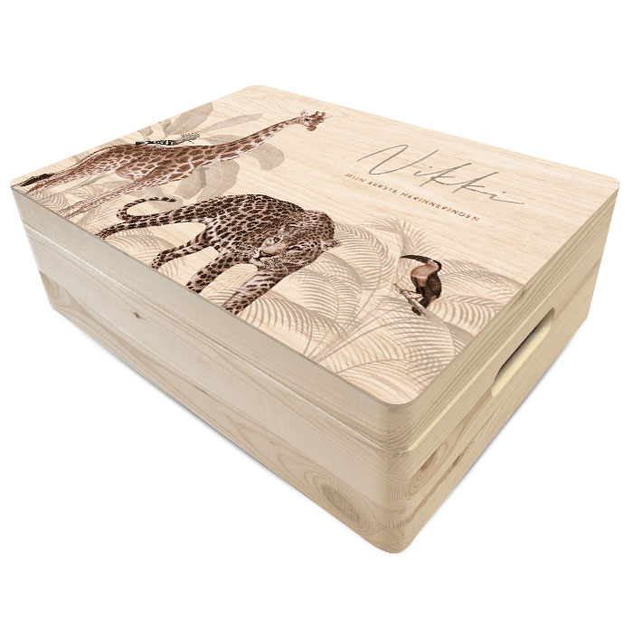 Jungle memory geboorte box van hout met giraffe en panter