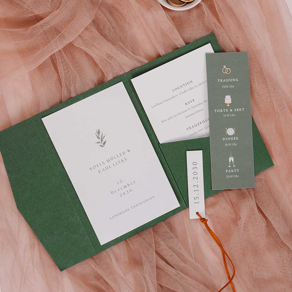 Pocketfold Hochzeitseinladung mit Aquarell-Zweig