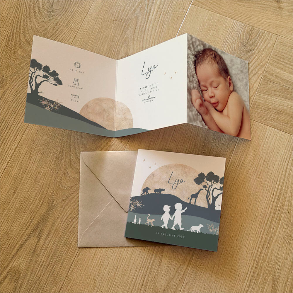 Safari zigzag silhouet geboortekaartje met broertjes