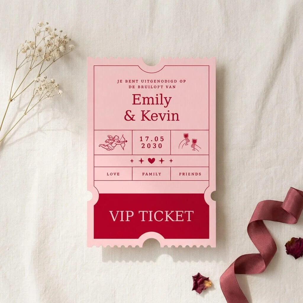 Romantische trouwkaart als VIP-ticket in roze en rood met illustraties