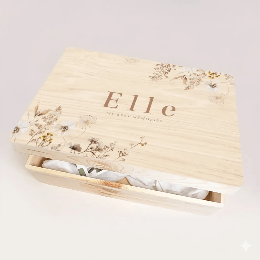 Memorybox hout met veldbloemen en naam