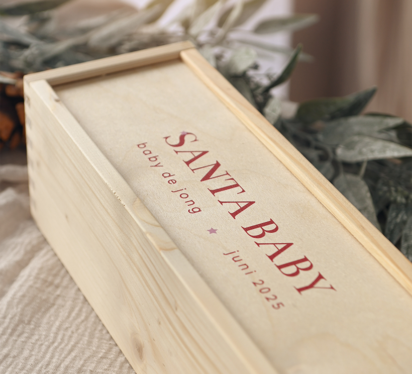 Zwangerschapsaankondiging wijnkist kerst met tekst