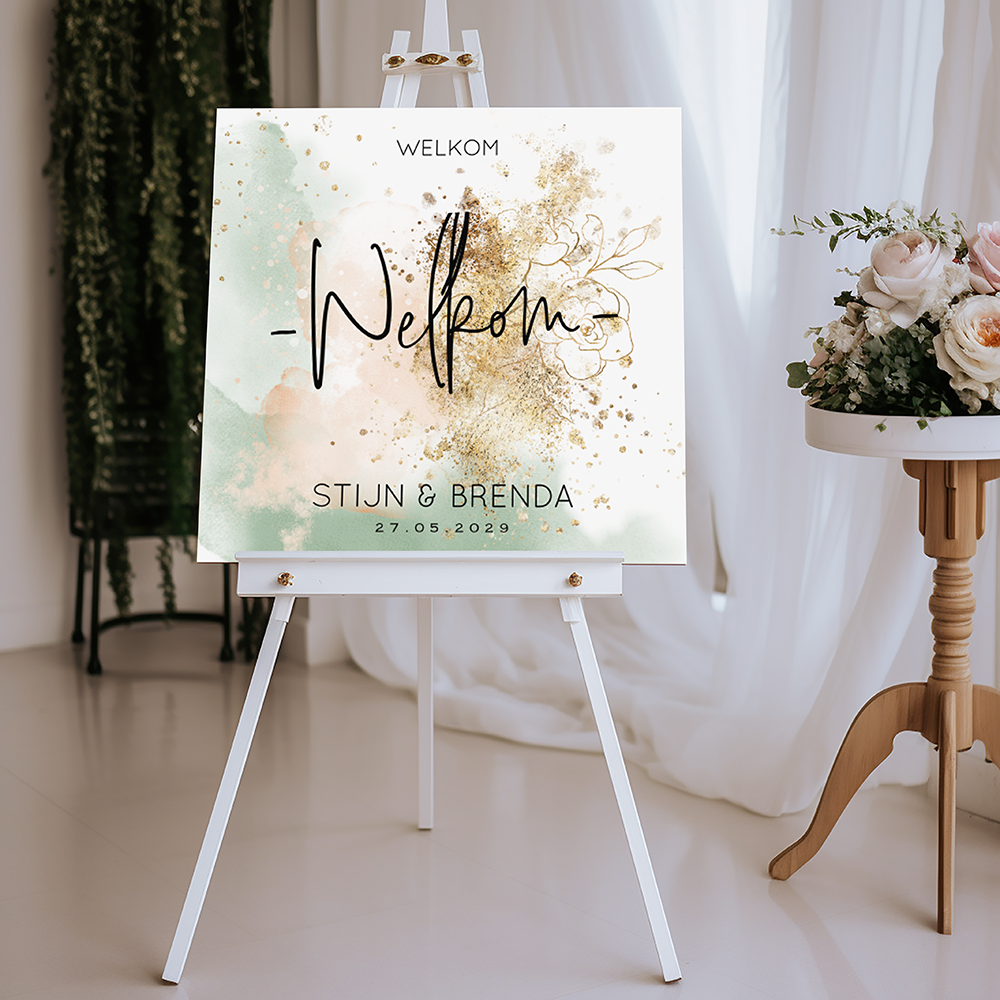 Welkomstbord met groen en roze aquarel en goud kleurige spetters
