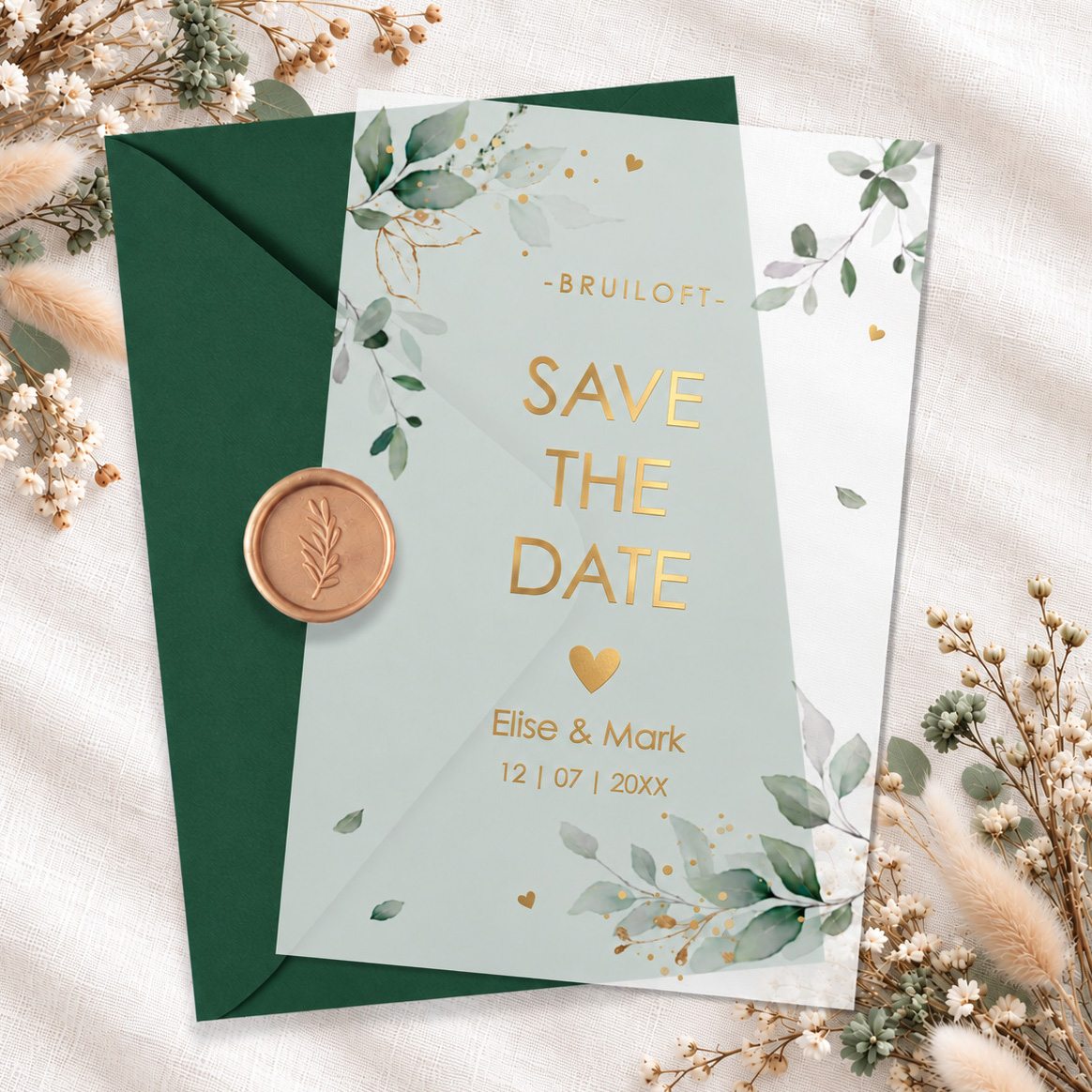 Save the Date kaart kalkpapier botanische bladeren groen goudfolie