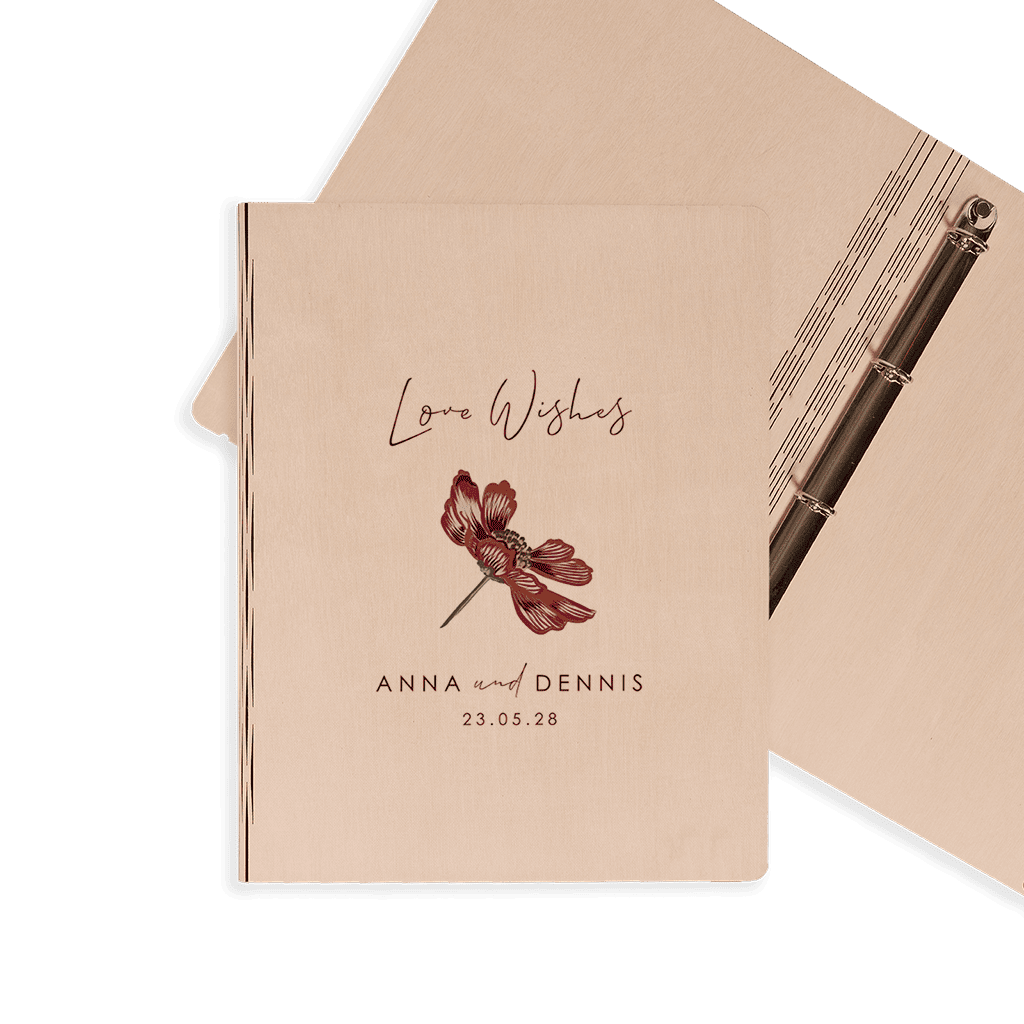 Gästebuch Hochzeit aus Holz mit großer Feldblume und eleganter Schrift