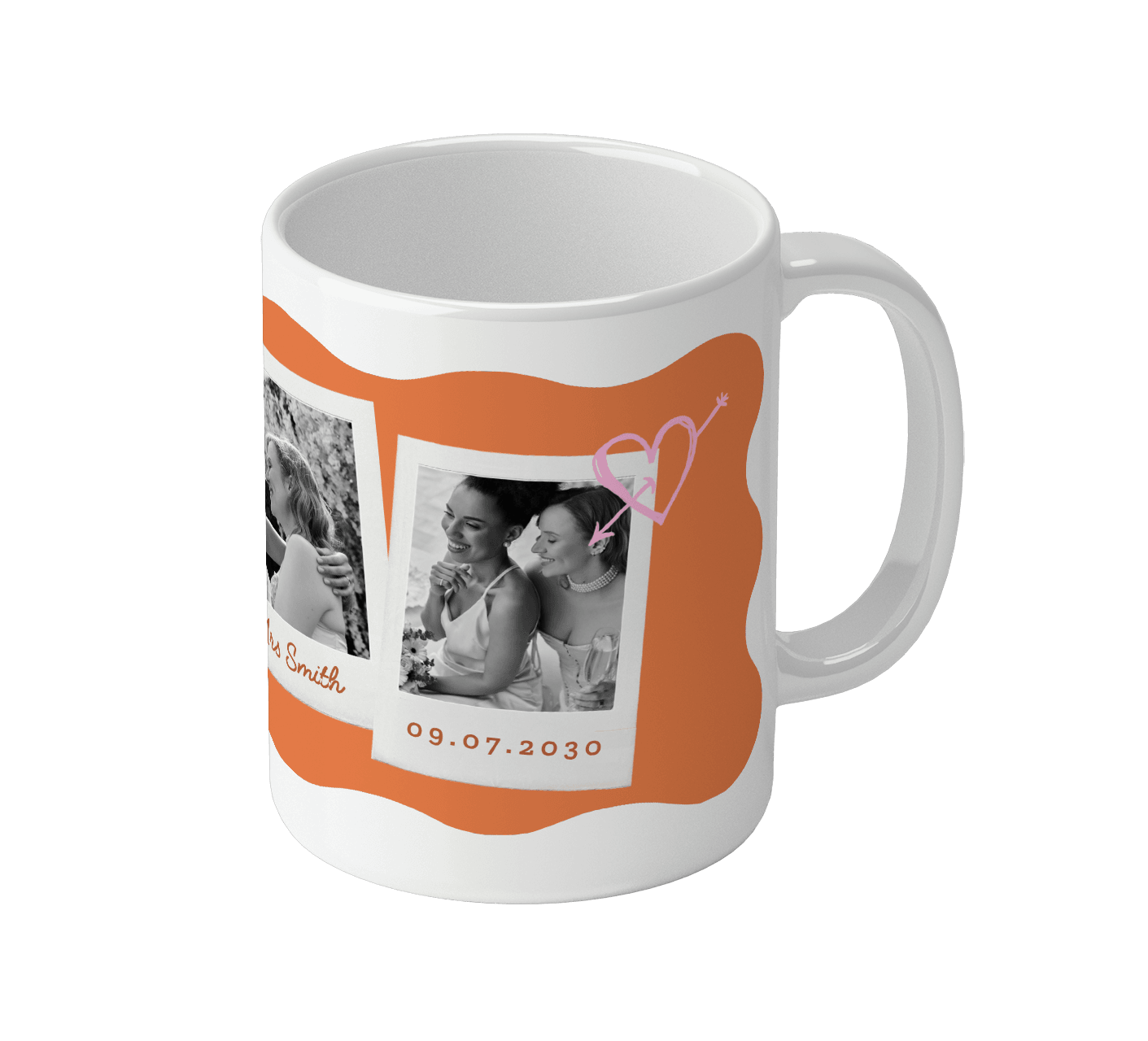 Mok rondom bedrukt in oranje met foto's en speelse illustraties