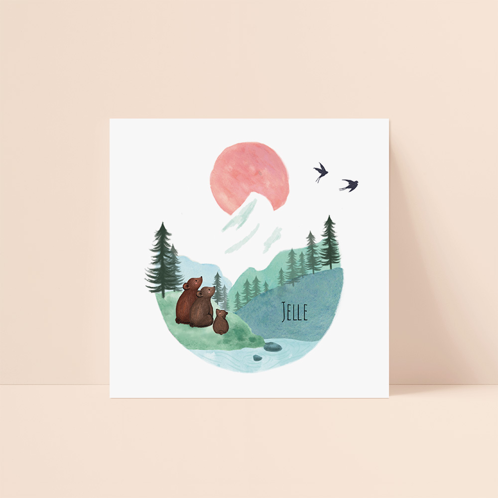 Geboortekaartje cirkelvorm met berglandschap en beertjes