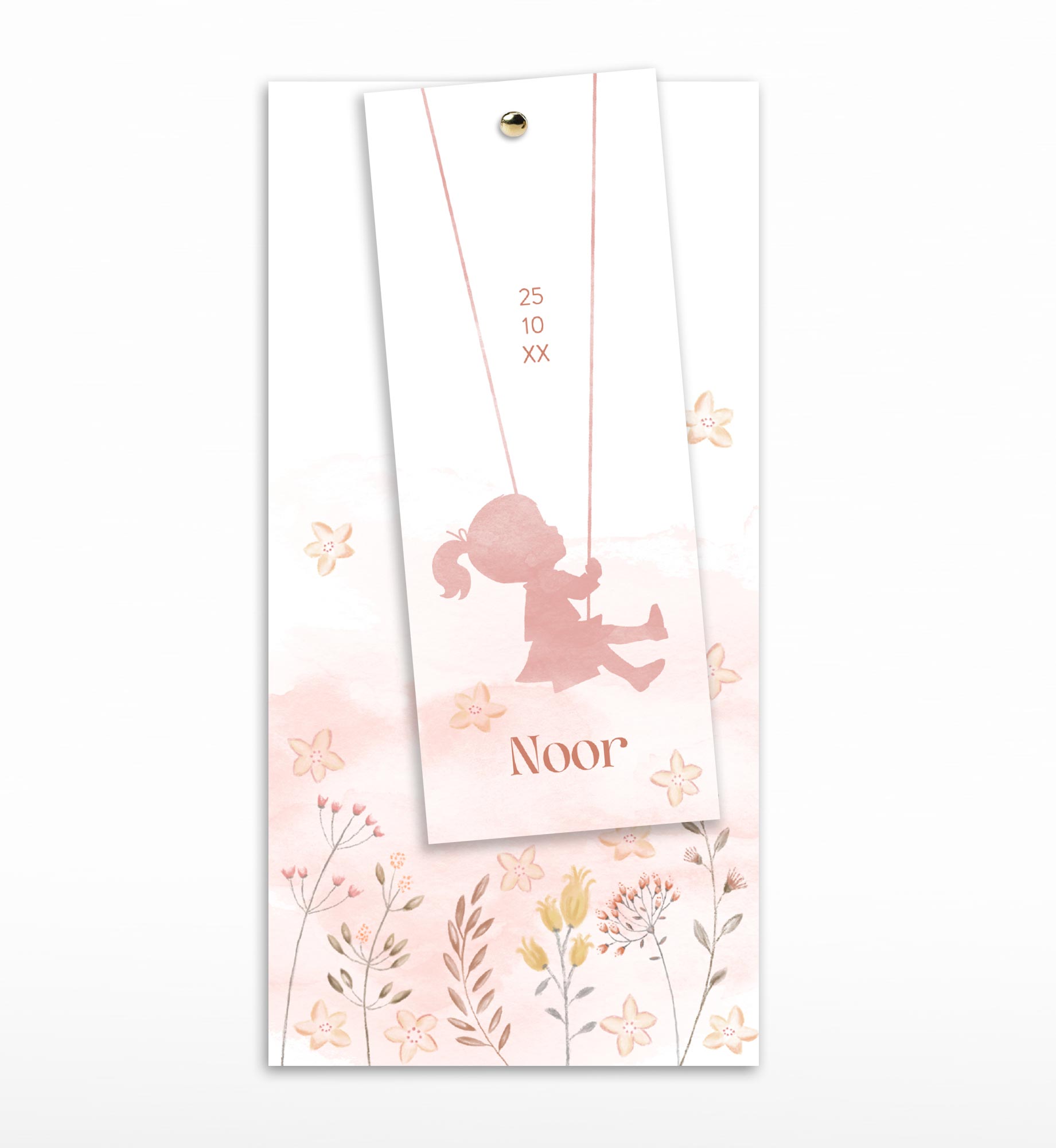 2‑delig geboortekaartje met een meisje op een schommel