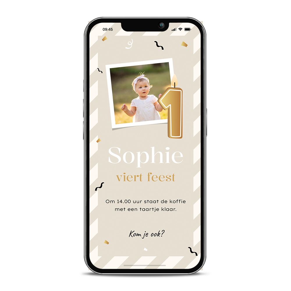 Digitale kinderfeest uitnodiging 1 jaar met strepen, kaarsje en foto