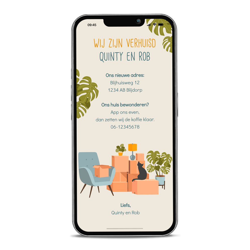 Verhuisbericht digitaal met woonkamer, verhuisdozen, kat en planten