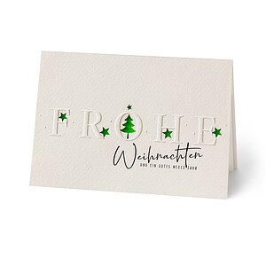  Geschäftliche Weihnachtskarte Blindprägung mit Tannenbäumen und Laserstanzung in Grün Querformat