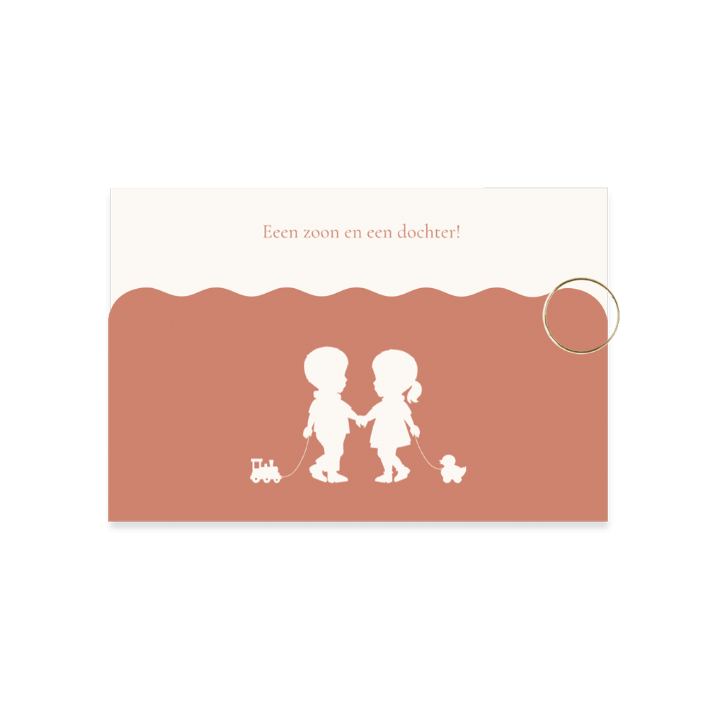 Tweedelig geboortekaartje tweeling met silhouetjes en golvende rand