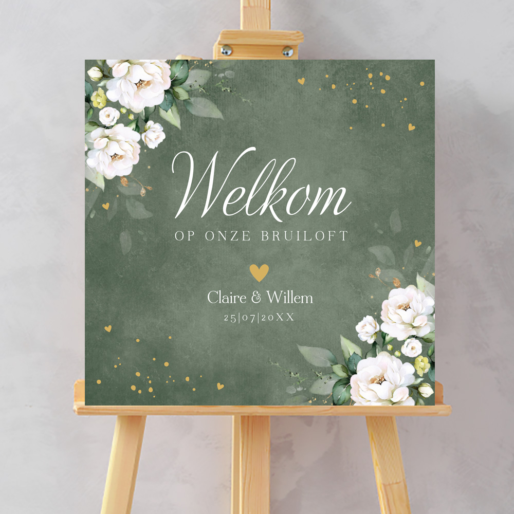 Bruiloftsbord groen botanisch witte bloemen 70x70 cm