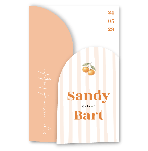 Luikvouw trouwkaart met bogen in zalm en oranje | Mediterrane bruiloft