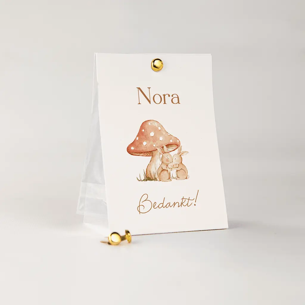 Doopsuiker snoepzakje met konijnenfamilie en paddenstoel 