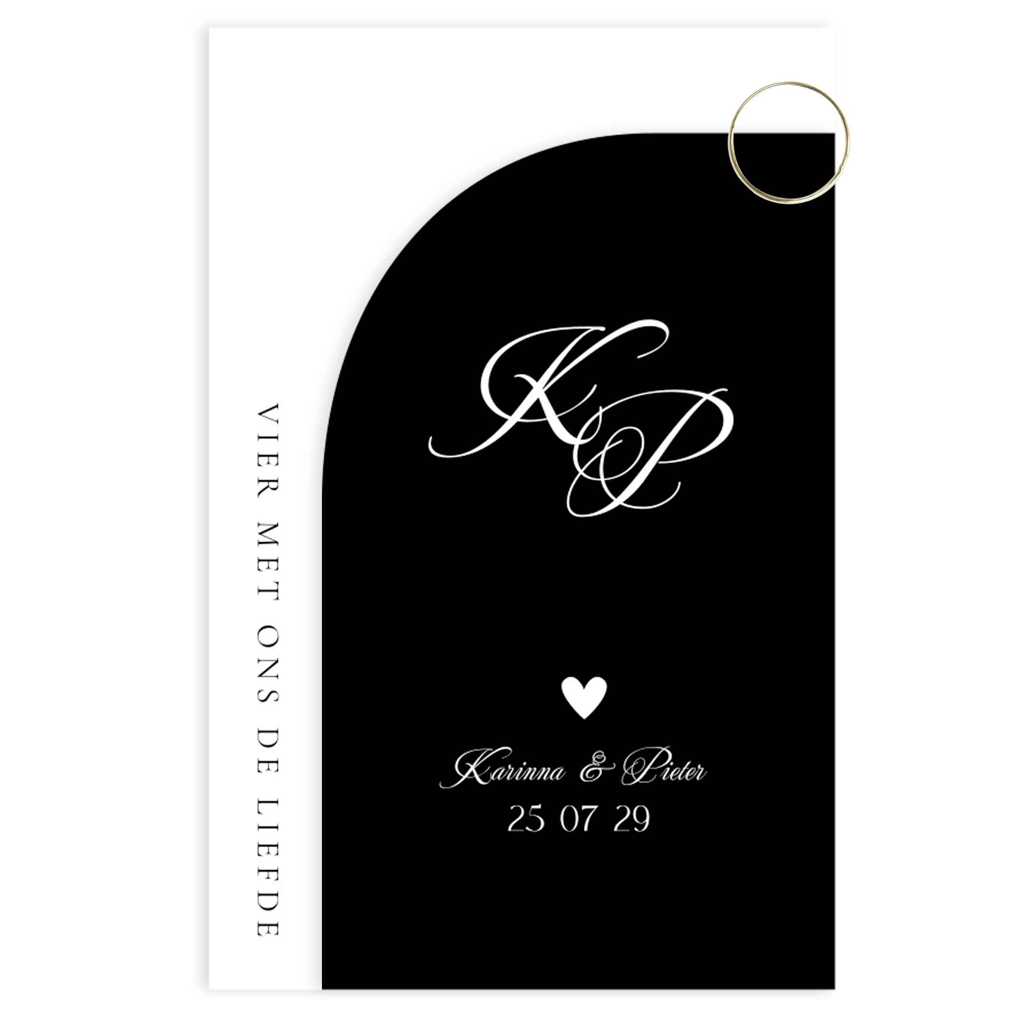 Stijlvolle labelkaart trouwkaart zwart wit met boog