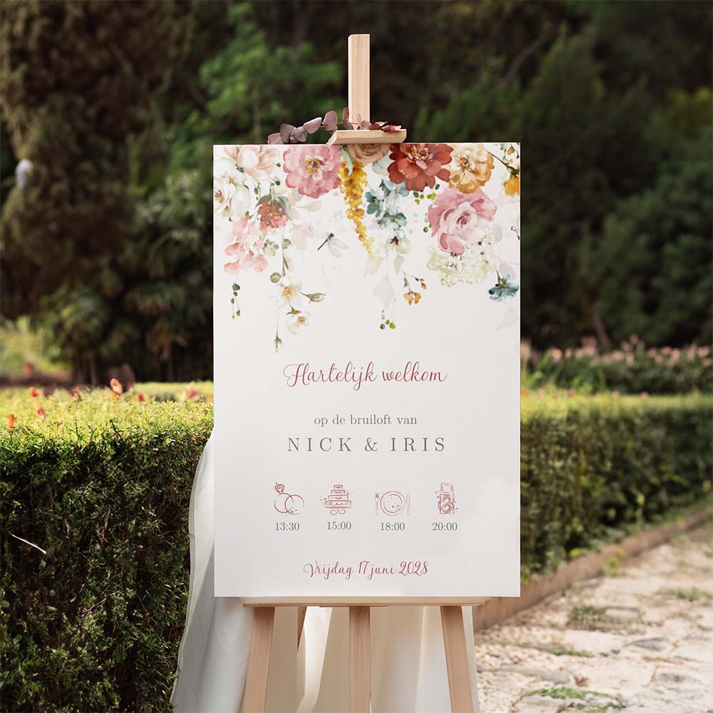 Romantisch programmabord met kleurrijke bloemen