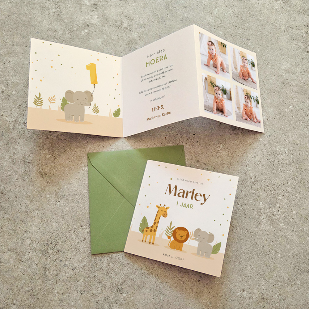Uitnodiging verjaardag kind met safari dieren en confetti