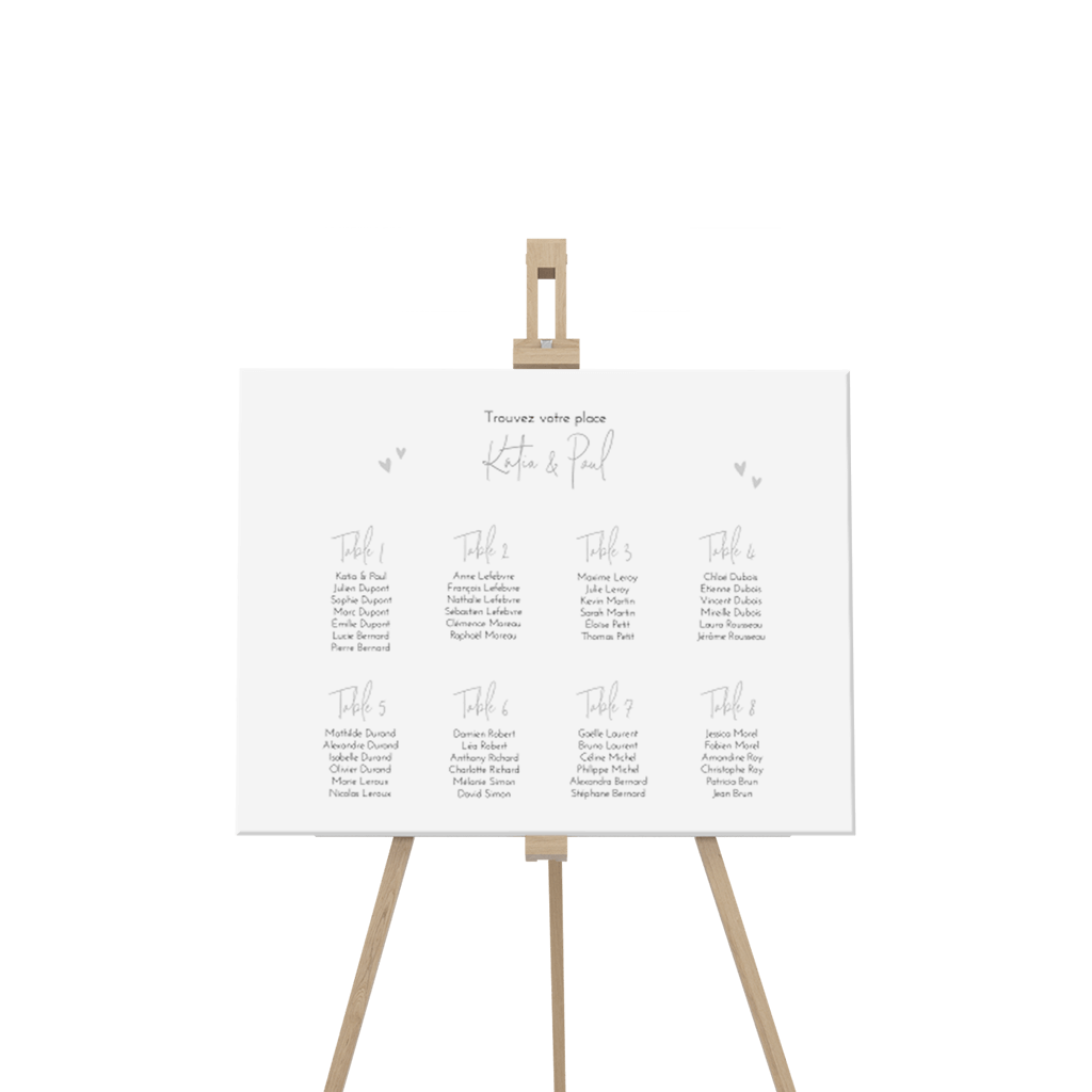 Plan de table de mariage style minimaliste avec des petits cœurs