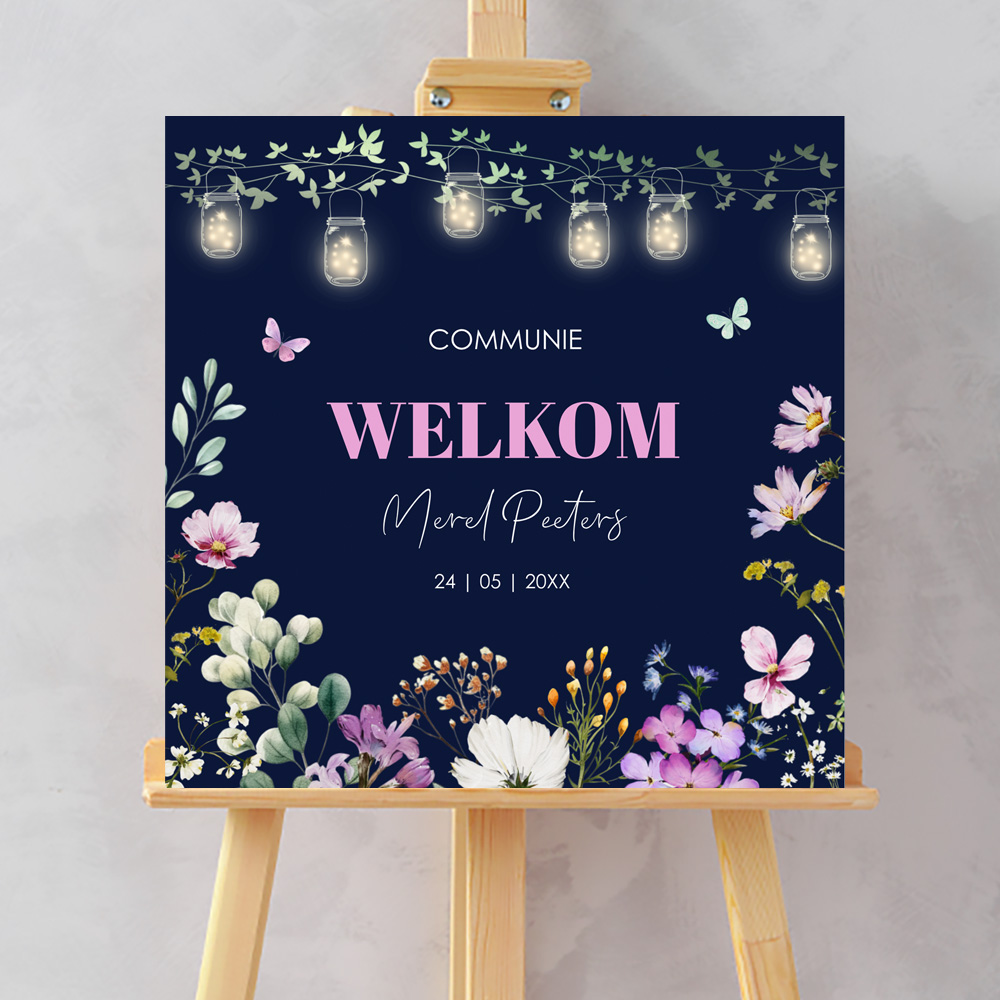 Welkomstbord communie meisje bloemen paars lampjes