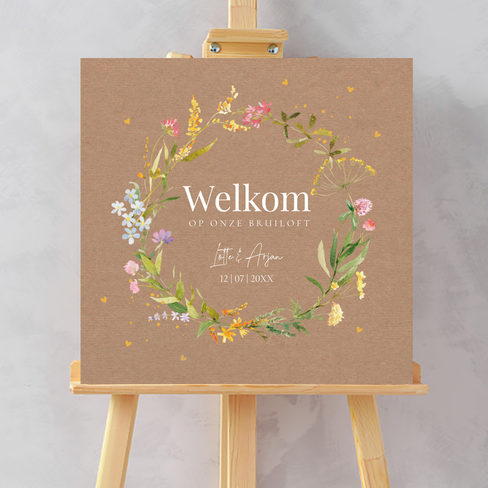 Welkomstbord bruiloft bloemenkrans geel kraftlook