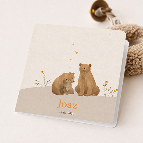 Dieren geboortekaartje voor een jongen met berenfamilie