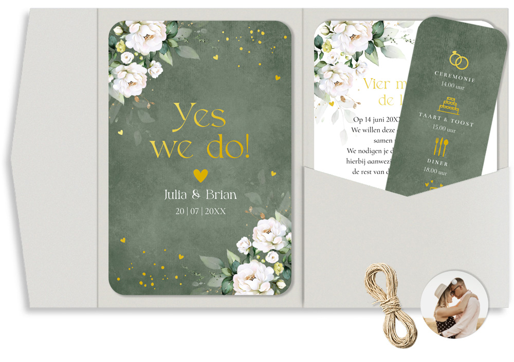 Pocketfold trouwkaart groen bloemen wit goudfolie