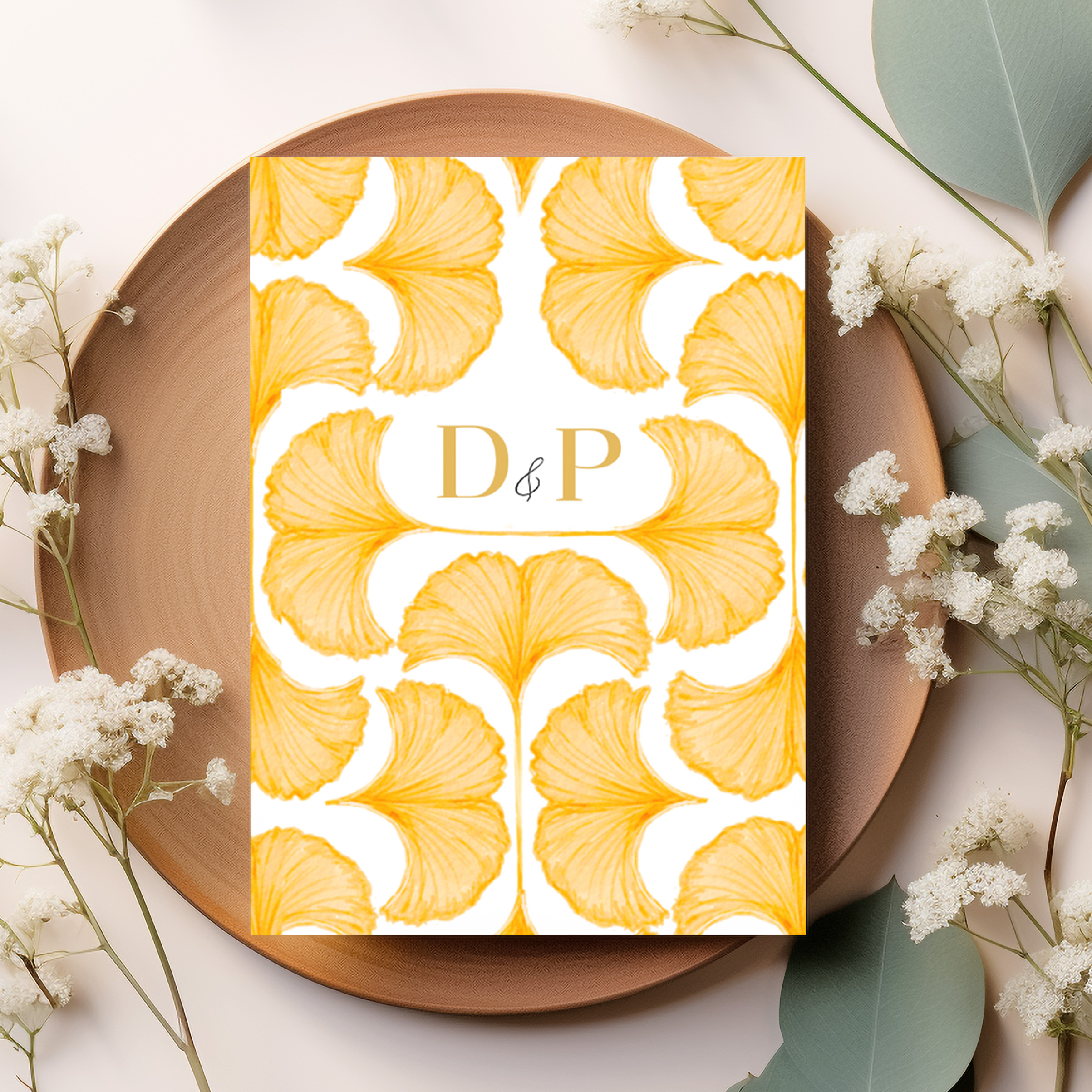 Trouwkaart met mozaïek van ginkgo blaadjes