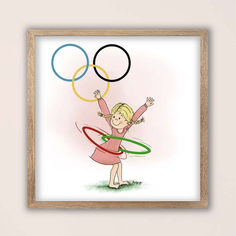 Poster meisje met hoelahoep en Olympische ringen – sportieve kinderkamerdecoratie