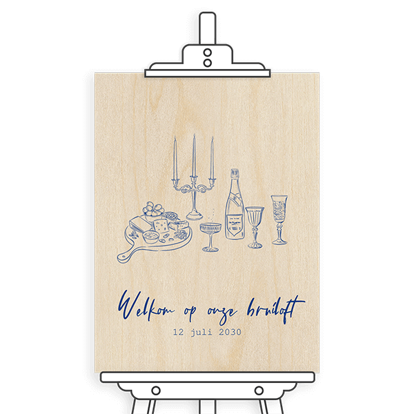 Houten welkomstbord bruiloft met getekende icoontjes
